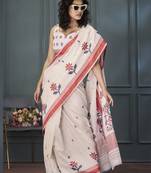 Off White Designer Weaving Handloom Linen Saree With Blouse