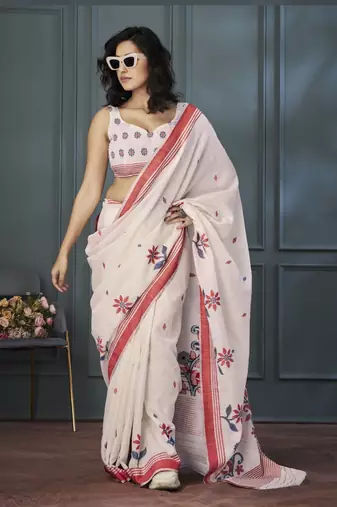 Off White Designer Weaving Handloom Linen Saree With Blouse