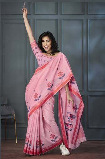 Pink Designer Weaving Handloom Linen Saree With Blouse