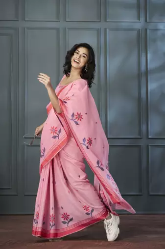Pink Designer Weaving Handloom Linen Saree With Blouse