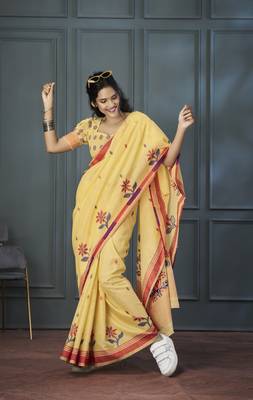 Yellow Designer Weaving Handloom Linen Saree With Blouse 1