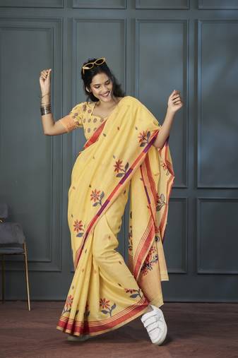 Yellow Designer Weaving Handloom Linen Saree With Blouse