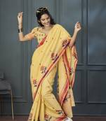 Yellow Designer Weaving Handloom Linen Saree With Blouse