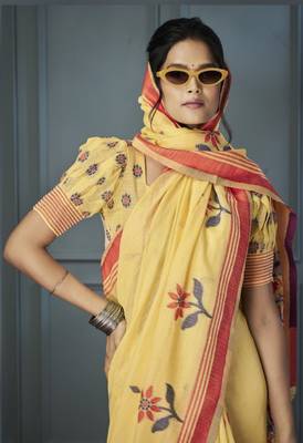 Yellow Designer Weaving Handloom Linen Saree With Blouse 2
