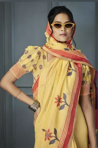 Yellow Designer Weaving Handloom Linen Saree With Blouse