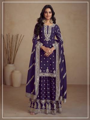 Purple embroidered silk blend salwar suit 1
