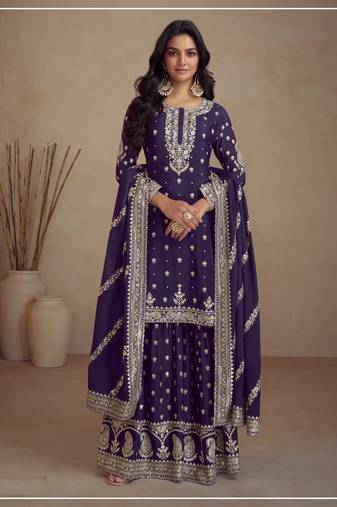 Purple embroidered silk semi-salwar suit