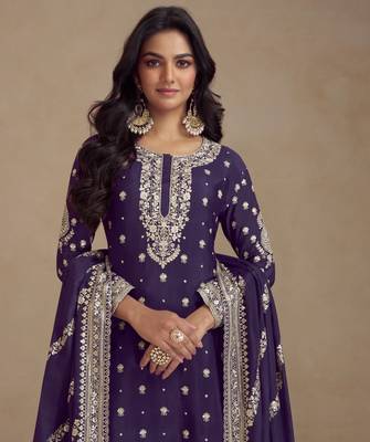 Purple embroidered silk blend salwar suit 3