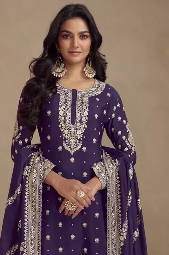 Purple embroidered silk blend salwar suit