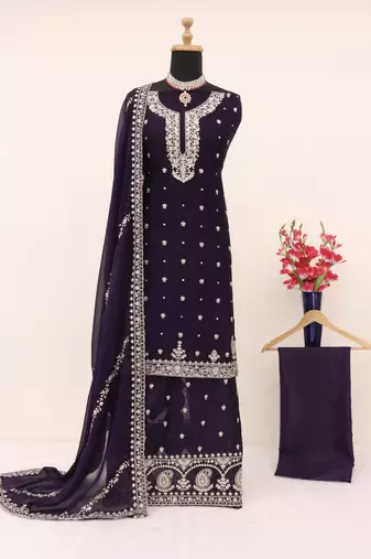 Purple embroidered silk blend salwar suit