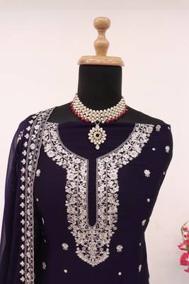 Purple embroidered silk blend salwar suit 5