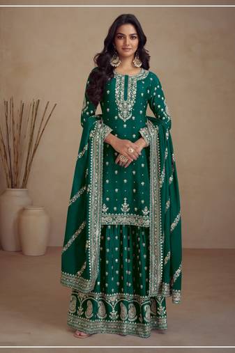 Green embroidered silk semi-salwar suit