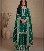 Green embroidered silk semi-salwar suit