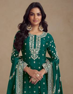 Green embroidered silk blend salwar suit 3