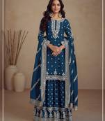 Blue embroidered silk semi-stitched salwar suit