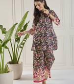 Winered women navy blue printed border co-ord set