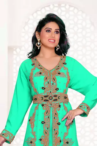 Sea Green Georgette Zari Work Moroccan Kaftan