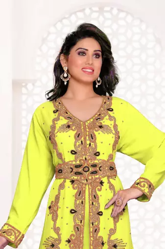 Yellow color full sleeves Handmade Moroccan Kaftan