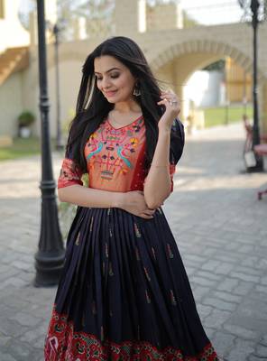 Indiatellme Navy Blue Dola Silk Gown with Patola Designer Foil Print for Festive & Occasion Wear 5