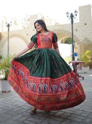 Indiatellme Dark Green Dola Silk Gown with Patola Designer Foil Print for Festive & Occasion Wear 5