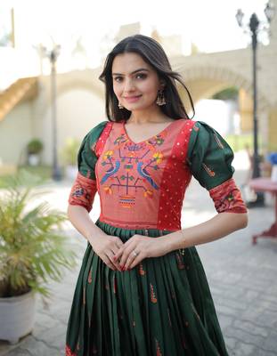 Indiatellme Dark Green Dola Silk Gown with Patola Designer Foil Print for Festive & Occasion Wear 6