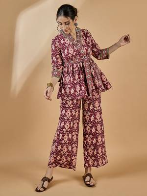 Winered women rust shawl collar waist tie-up co-ord set 1