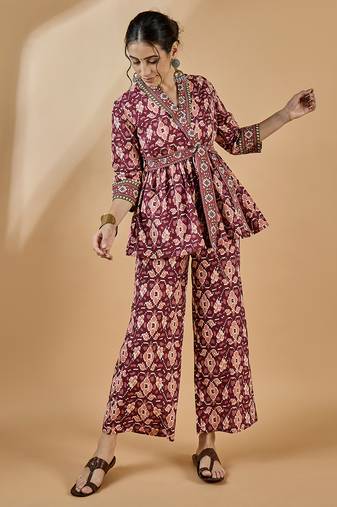 Winered women rust shawl collar waist tie-up co-ord set