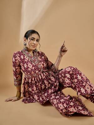 Winered women rust shawl collar waist tie-up co-ord set 2