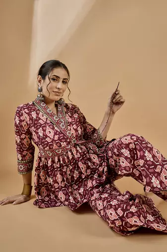 Winered women rust shawl collar waist tie-up co-ord set