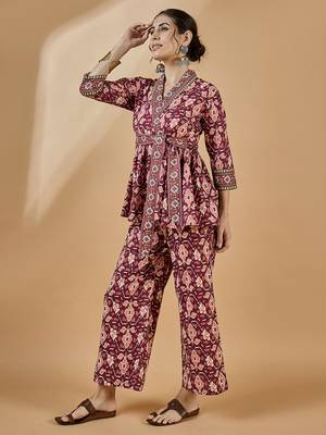 Winered women rust shawl collar waist tie-up co-ord set 3