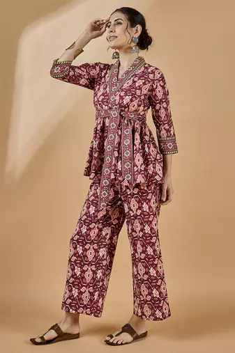 Winered women rust shawl collar waist tie-up co-ord set