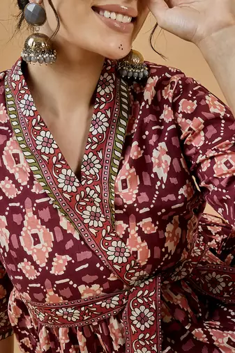 Winered women rust shawl collar waist tie-up co-ord set