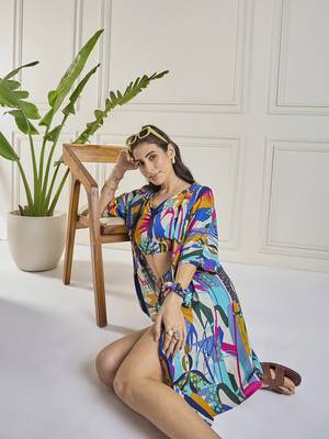 Winered women multicolour printed long kimono with shorts 3 pcs set 2