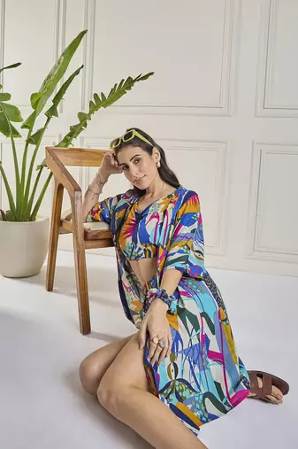 Winered women multicolour printed long kimono with shorts 3 pcs set