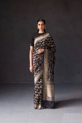 Black Silk Blend Woven Heritage Saree for Wedding 1