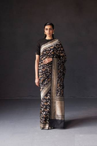 Black Silk Blend Woven Heritage Saree for Wedding