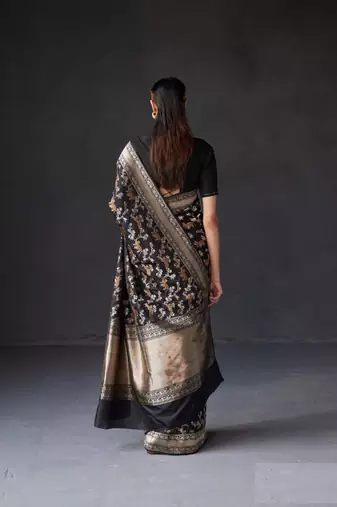 Black Silk Blend Woven Heritage Saree for Wedding