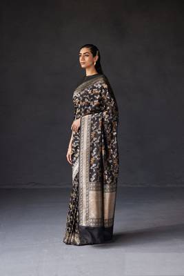 Black Silk Blend Woven Heritage Saree for Wedding 3