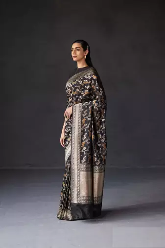 Black Silk Blend Woven Heritage Saree for Wedding