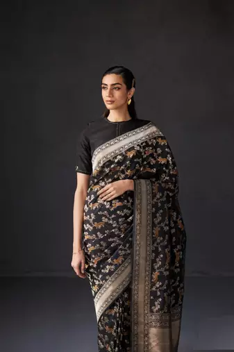 Black Silk Blend Woven Heritage Saree for Wedding