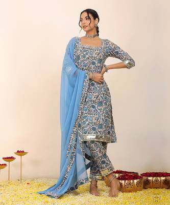 Blue and white floral printed suit set paired with pant and dupatta 1