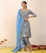 Blue and white floral printed suit set paired with pant and dupatta