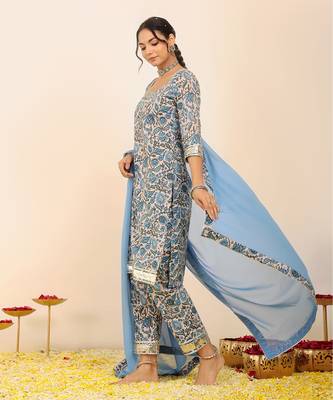 Blue and white floral printed suit set paired with pant and dupatta 3
