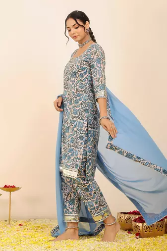 Blue and white floral printed suit set paired with pant and dupatta