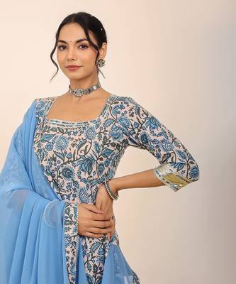 Blue and white floral printed suit set paired with pant and dupatta 4
