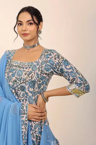 Blue and white floral printed suit set paired with pant and dupatta