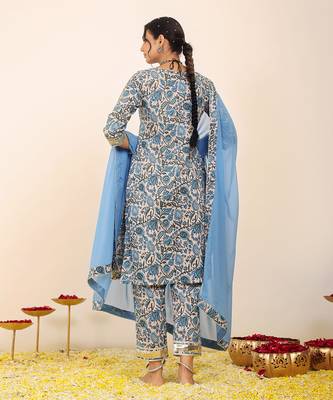 Blue and white floral printed suit set paired with pant and dupatta 5