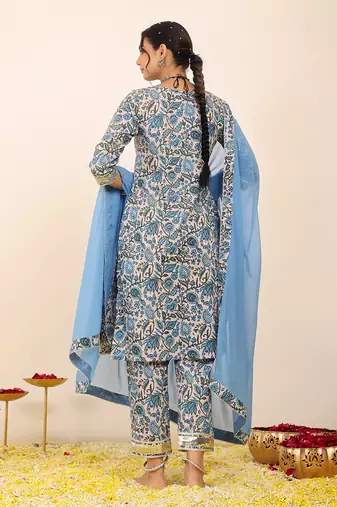 Blue and white floral printed suit set paired with pant and dupatta