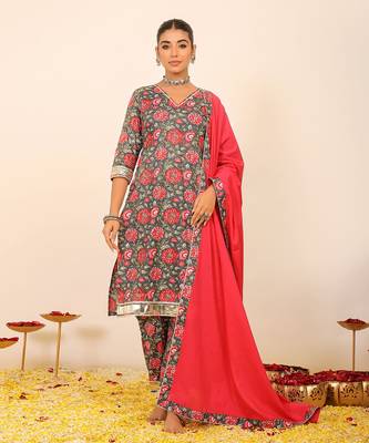 Floral printed multicolour kurta set paired with pant and pink dupatta 1