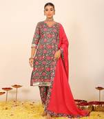 Floral printed multicolour kurta set paired with pant and pink dupatta